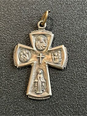 Sterling Silver cross pendant w religious figures/Icons. Textured accents. 925.
